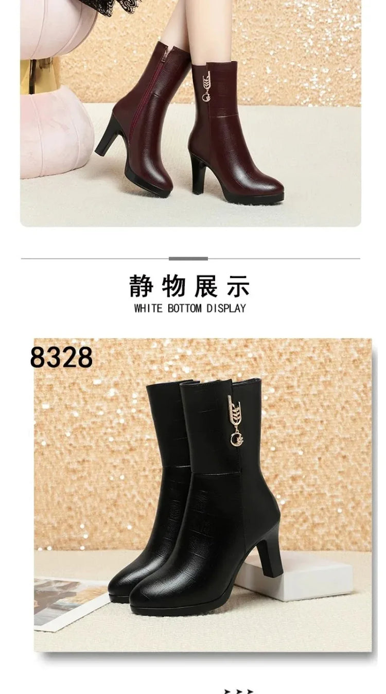 Women's Mid-calf Boots Temperament Pointed High Heeled Boots High Quality Casual Leather Boots for Women Plush Warm Winter Boot