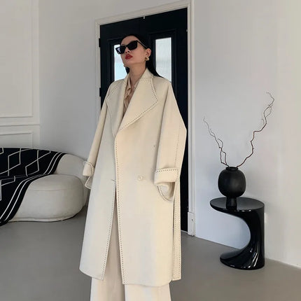New Solid Korean Style Women Wool Coat Arch Needle Large Neck Versatile Fashion Texture Double Sided Trench Coats Female Winter