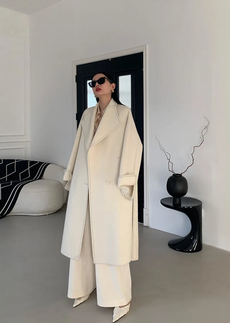 New Solid Korean Style Women Wool Coat Arch Needle Large Neck Versatile Fashion Texture Double Sided Trench Coats Female Winter