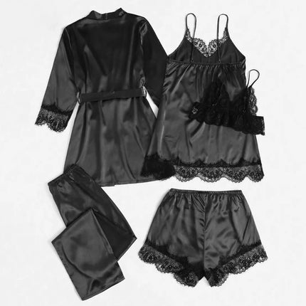 5 pezzi pigiama da notte in raso da donna set accappatoio lingerie sexy accappatoio abito da notte in seta di pizzo pantaloni indumenti da notte vestiti per la casa PJ