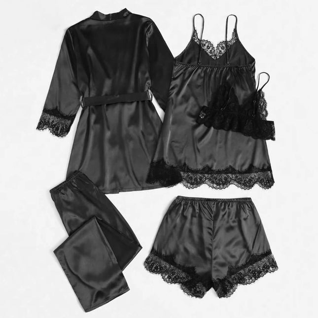 Women's 5-Piece Satin Nightwear Pajama Set Sexy Lingerie Robe Nightdress