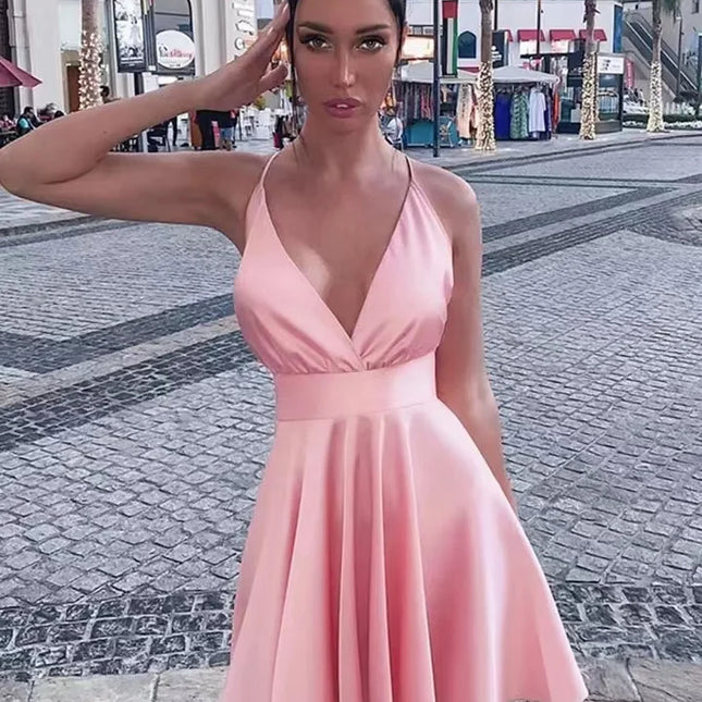 2023 Satin Sexy Backless Sleeveless Party Mini Dresses Women Elegant V-Neck Strapless Bodycon Dress Solid Slim Vestidos