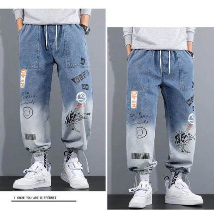 Men's Distressed Denim Pants Cuffed, Artistic Gradient Harem Jeans, Oversized Hip Hop Trousers for Spring Fall Versatile Outfits PlatiNum