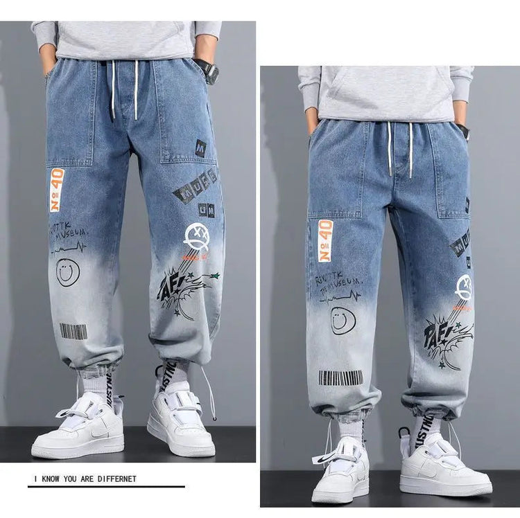 Men's Distressed Denim Pants Cuffed, Artistic Gradient Harem Jeans, Oversized Hip Hop Trousers for Spring Fall Versatile Outfits PlatiNum