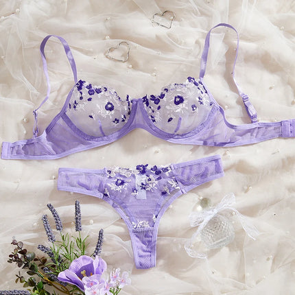 Embroidery Women's Transparent Mesh Underwear Two-piece Bra And Panties Sets