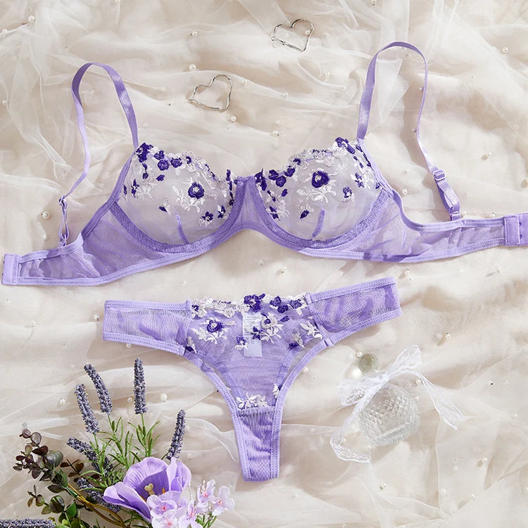 Embroidery Women's Transparent Mesh Underwear Two-piece Bra And Panties Sets
