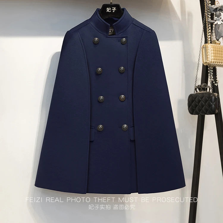 French Elegant Retro Hepburn Style Stand Collar Double-breasted Loose Temperament Commuter Woolen Jacket Cape Cloak Women Autumn