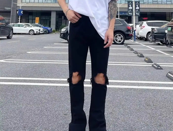 American High Street Zipper Ripped Raw Edge Black Jeans Men's fashion Loose Straight Leg Long Pants Casual Streetwear Jean PlatiNum