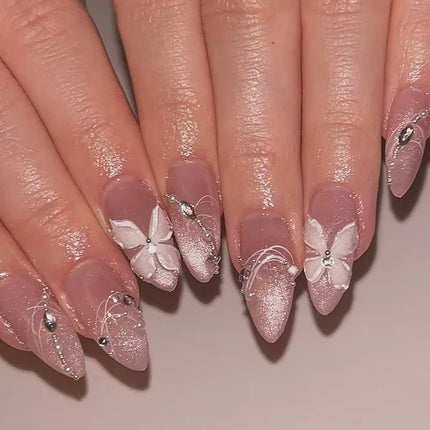 24Pcs Medium Almond Nude‑Pink 3D Textured Metallic Cat‑Eye French Sheer Press‑On False Nails For Nail Art Decor