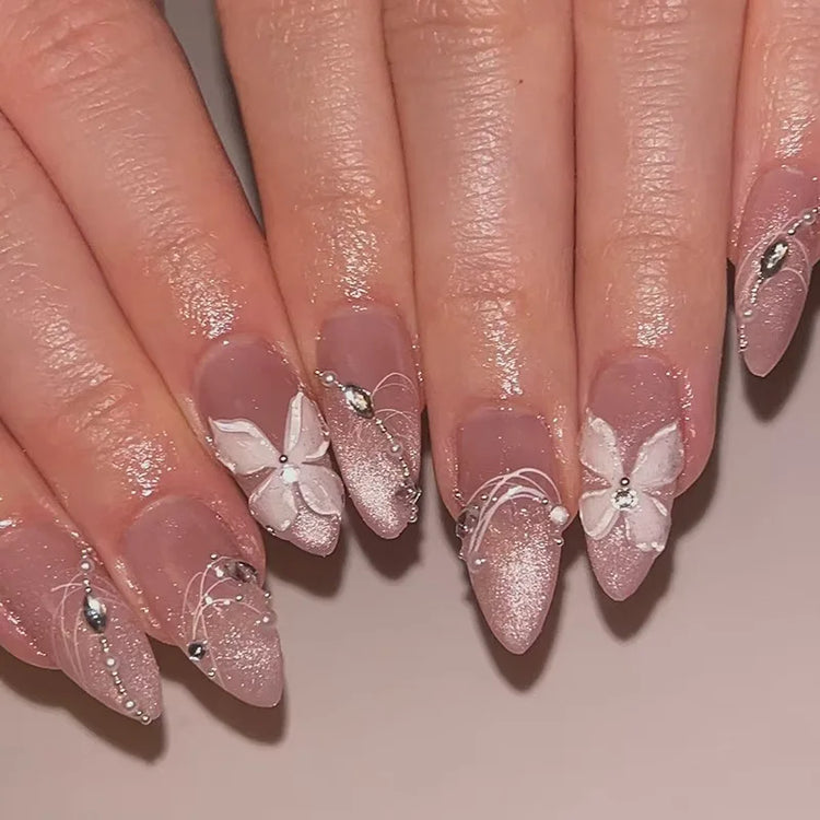 24Pcs Medium Almond Nude‑Pink 3D Textured Metallic Cat‑Eye French Sheer Press‑On False Nails For Nail Art Decor