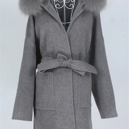 OFTBUY Omen Double Face Wool Coat Natural Fur Coat Wool Blend Jacket Winter Warm Elegant Long Sleeve Fur Cuffs Fashion Outerwear