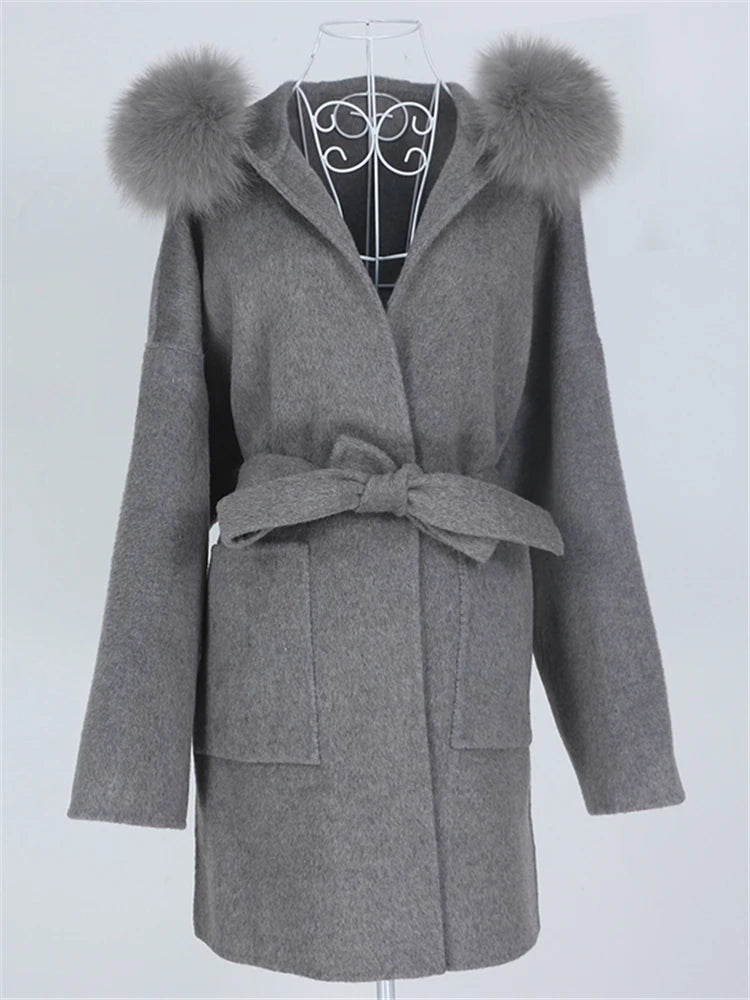 OFTBUY Omen Double Face Wool Coat Natural Fur Coat Wool Blend Jacket Winter Warm Elegant Long Sleeve Fur Cuffs Fashion Outerwear