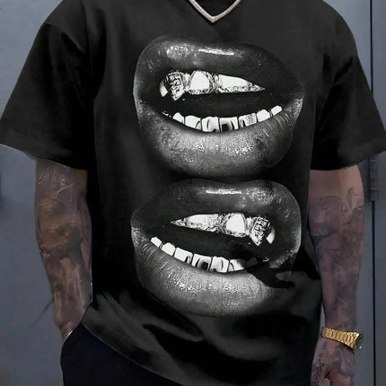 Men's short-sleeved T-shirt with lips print on front