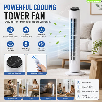 Ventilatore a torre silenzioso con telecomando, oscillante a 3 velocità 75 °   Ventilatore a Torre Oscillante con Timer e Controllo Superiore, Ventilatore a Torre Senza Pale Salvaspazio per Casa e Ufficio
