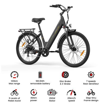 J1 Bici Elettrica 250W Pedelec, Batteria Rimovibile 36V 15,6Ah, Autonomia Assistita fino a 100 km, Bicicletta Elettrica Trekking 27,5”, Sospensione Anteriore con Blocco, 7 Velocità, Freni a Disco, Display LCD, per Pendolar