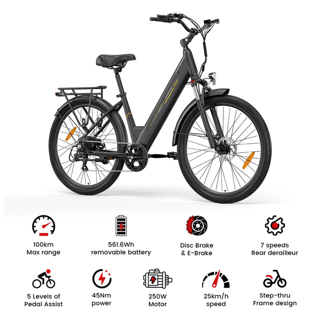J1 250W Pedelec Electric Bike, Removable 36V 15.6Ah Battery, Up to 100 km Assisted Range, 27.5” Trekking Electric Bicycle, Front Suspension with Lockout, 7 Speeds, Disc Brakes, LCD Display, for Commuters