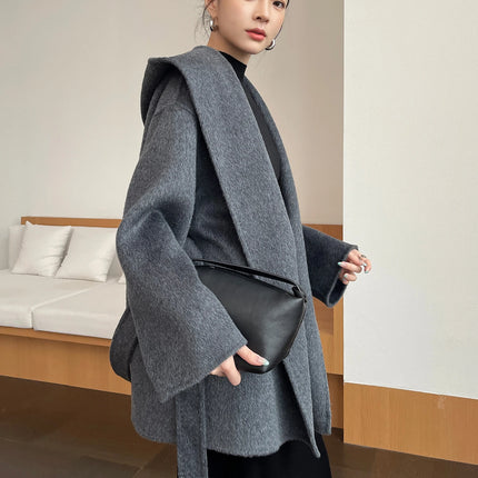 Brushed 100% Wool Coat Women Hooded Belted Wrap Coat Long-Pile Double-Faced Texture Unlined Relaxed Fit Short Coats Fall Winter
