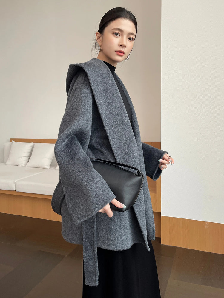 Brushed 100% Wool Coat Women Hooded Belted Wrap Coat Long-Pile Double-Faced Texture Unlined Relaxed Fit Short Coats Fall Winter