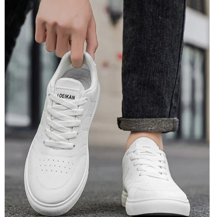 Men Classic Leather Skate Shoes Lace Up Flat Casual Sneakers Non Slip Daily Walking Footwear Black White 2 Colors