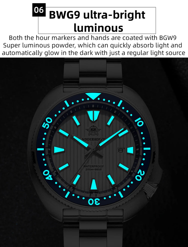 ADDIESDIVE New 200M Waterproof Quartz Watch Sapphire Crystal BGW9 Luminous Ceramic Bezel Stainless Steel Diving Watch AD2507