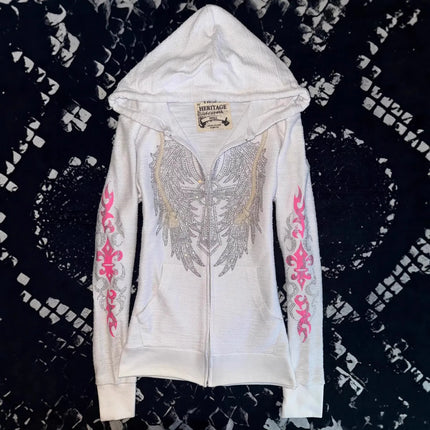 Y2K Vintage Rhinestone Hooded Jacket Women Silver Crystal Angel Wing Cross Zip Pink Flower Tribal Print Slim Fit Sweatshirt