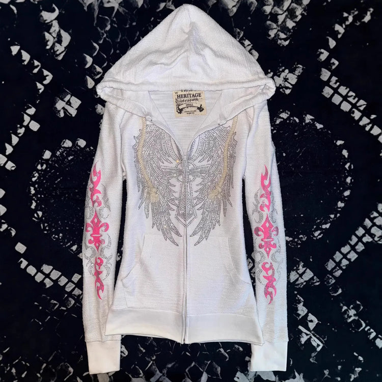 Y2K Vintage Rhinestone Hooded Jacket Women Silver Crystal Angel Wing Cross Zip Pink Flower Tribal Print Slim Fit Sweatshirt