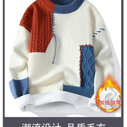 2025 New Patchwork Sweater Trend High Street Fashion Autumn and Winter Warm Men's Top Hip-hop Street Clothing