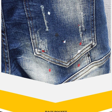 Street Designer Fashion Men Jeans Retro Blue Stretch Slim Fit Spliced Ripped Jeans Men Y2K Painted Vintage Denim Pants Hombre PlatiNum