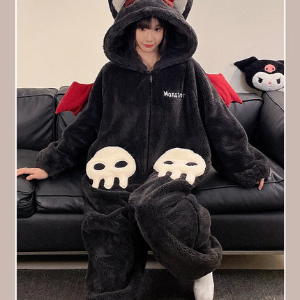 Cartoon Devil Pajamas Couples Women Men Onesie Sleepwear Winter Thicken Hooded Loungewear Coral Fleece Homewear Pijama Disfraz