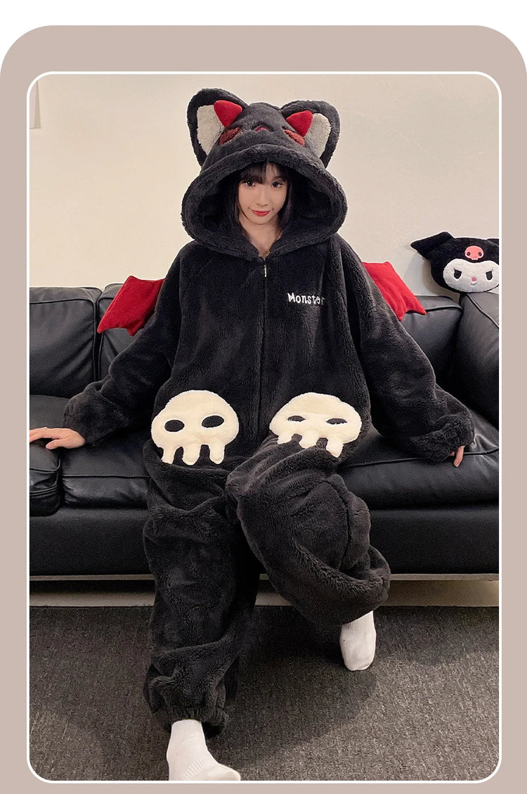Cartoon Devil Pajamas Couples Women Men Onesie Sleepwear Winter Thicken Hooded Loungewear Coral Fleece Homewear Pijama Disfraz