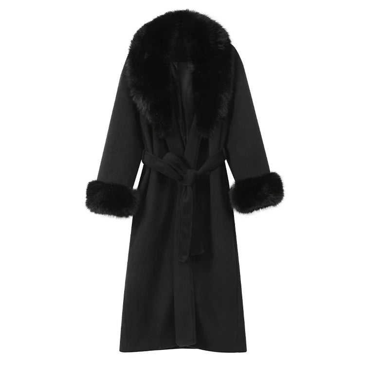 Retro Black Fur Patchwork Woolen Coat Women Chic Full Sleeve V-neck Lace Up Loose Long Overcoat 2025 Lady Winter Commute Outwear