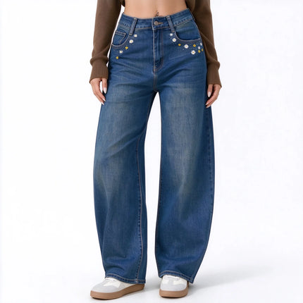 Women’s High-Waisted, Wide-Leg Jeans with Daisy Embroidery on the Pockets, Vintage Blue Denim with Faded Wash, Soft Casual Trousers for Everyday Wear  JF-593