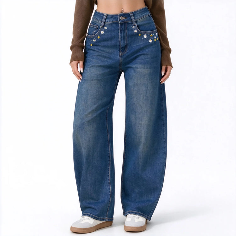 Women’s High-Waisted, Wide-Leg Jeans with Daisy Embroidery on the Pockets, Vintage Blue Denim with Faded Wash, Soft Casual Trousers for Everyday Wear  JF-593