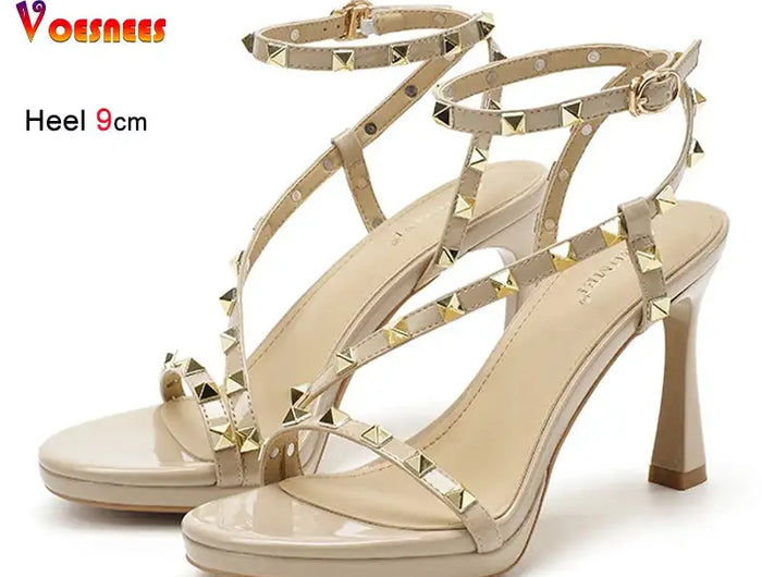 Sandali Estivi da Donna con Rivetti Colorati, Punta Tonda, Tacco Sottile 9cm, Cinturino alla Caviglia, Fascia Stretta Dritta, Scarpe Eleganti da Donna platinumshop