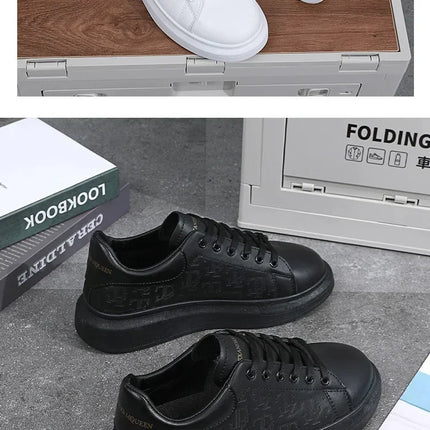 2026 Men's Casual Shoes Spring and Autumn Flat-soled Casual Leather Shoes Sports Shoes Black and White Men's Thick-soled Shoes