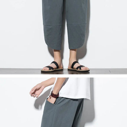 Pantaloni Estivi da Uomo 2026 Stile Cinese in Cotone e Lino, Pantaloni Harem Traspiranti da Spiaggia, Pantaloni Casual a Tre Quarti, Streetwear