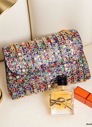 Fashionable Retro Diamond Studded Gold Chain Women's Crossbody Bag Handbag Dinner Bag Underarm Bag Single Shoulder Bag PlatiNum