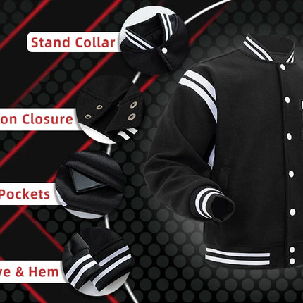 Men's Casual Letterman Jacket Varsity Baseball Coat Vintage Racing Style Streetwear Outerwear with Fine M Letter Embroidery