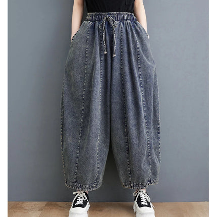 508 primavera estate nuovi Jeans larghi 100kg per le donne coulisse semplice tinta unita nero Vintage cotone femminile lanterna pantaloni in Denim