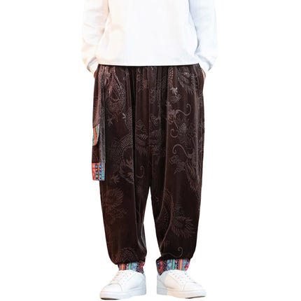 Pantaloni da uomo Kung Fu Tai Chi Pantaloni casual tradizionali da uomo stile cinese retrò allentato fiore scuro drago stampa pantaloni a gamba larga da uomo