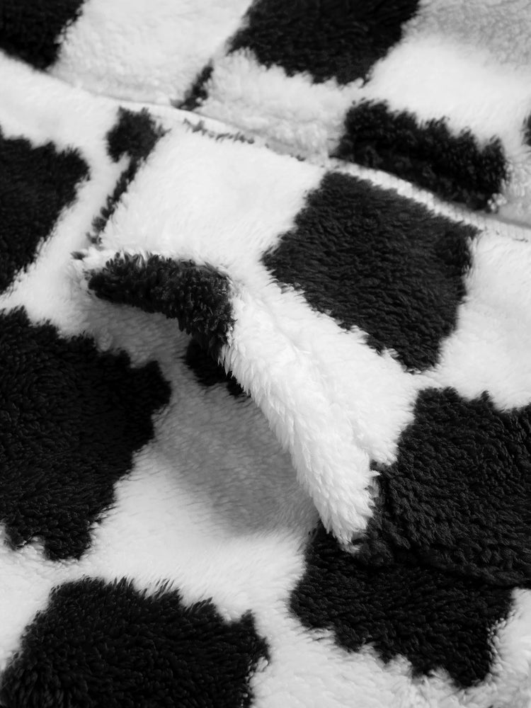 Men's Black & White Checkerboard Fleece Hooded Zip-Up Jacket Winter Thick Warm Sherpa Casual Coat