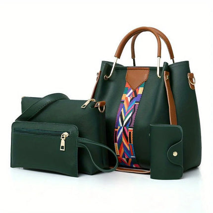 Set di 4 Borse da Donna in Pelle PU: Borsa a Tracolla, Borsa a Mano, Pochette e Portacarte