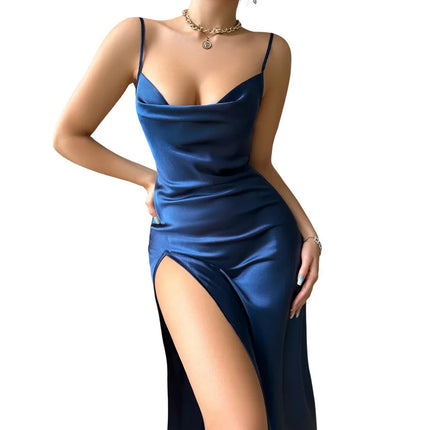 Sexy Camicia da Notte in Seta Satinata con Collo Drappeggiato e Schiena Scoperta per Donna