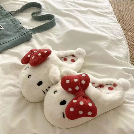 Hello Kitty Women Cute Cartoon Cat Plush Slippe Polka Dot Bow Fluffy Closed Back House Shoes Winter Warm Non Slip Soft Cozy