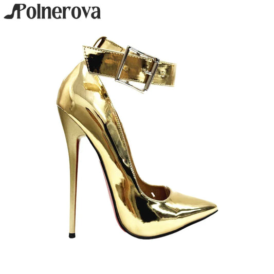 16cm Lock Pumps Sexy Pointed Stilettos Ankle Buckle Patent Leather High Heels Designer Metallic Lock Belt Buckle Lacquered Heels - PlatiNum