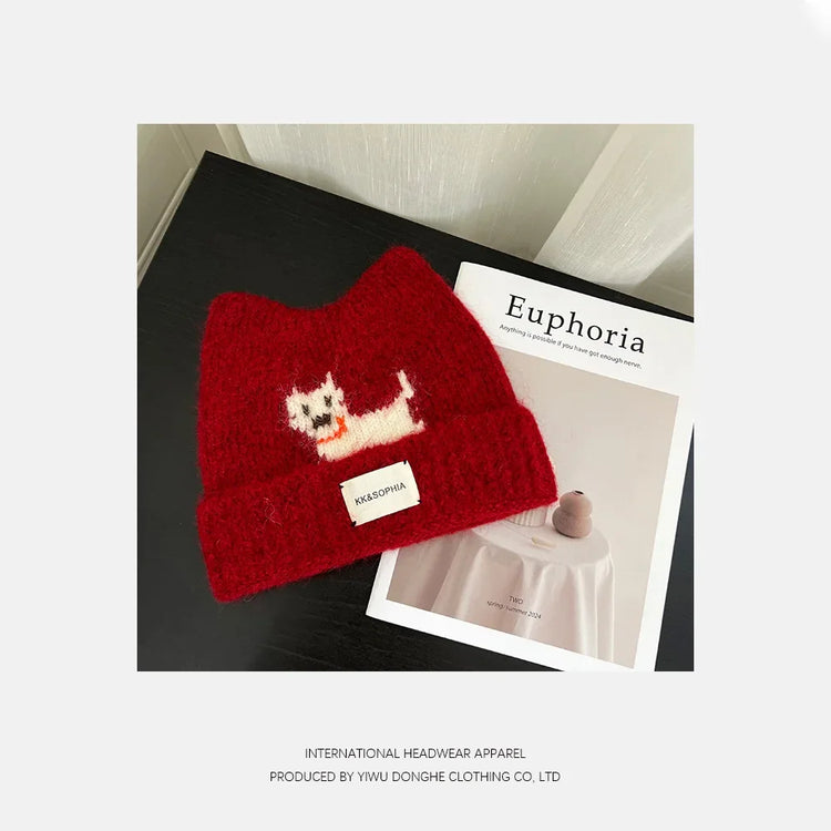 Cute Cartoon Kitten Ear Woolen Cap for Women Warm Cold-proof Autumn Winter Puppy Pattern Knitted Hat Fashion Sweet Crochet hats