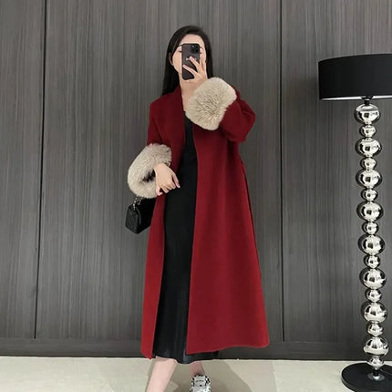 2025 New Spring Winter Warm Long Woolen Coat Women Elegant Warm Wool Blend Trench Coat With Belt Fashion Outerwear