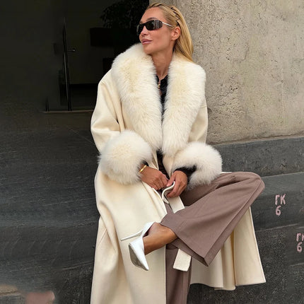 TARUXY Women Luxurious Faux Fox Fur Collar Long Jacket Elegant Solid Long-Sleeved Loose Lace Up Street Warm Coat 2026 Winter New