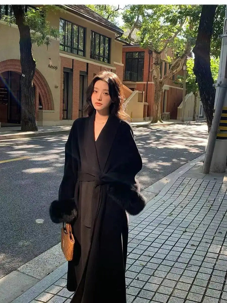 BJTZ Fox Fur Classic Long Double-Sided Pure Wool Coat For Women 2025 New Autumn Winter High-End Woolen Jacket