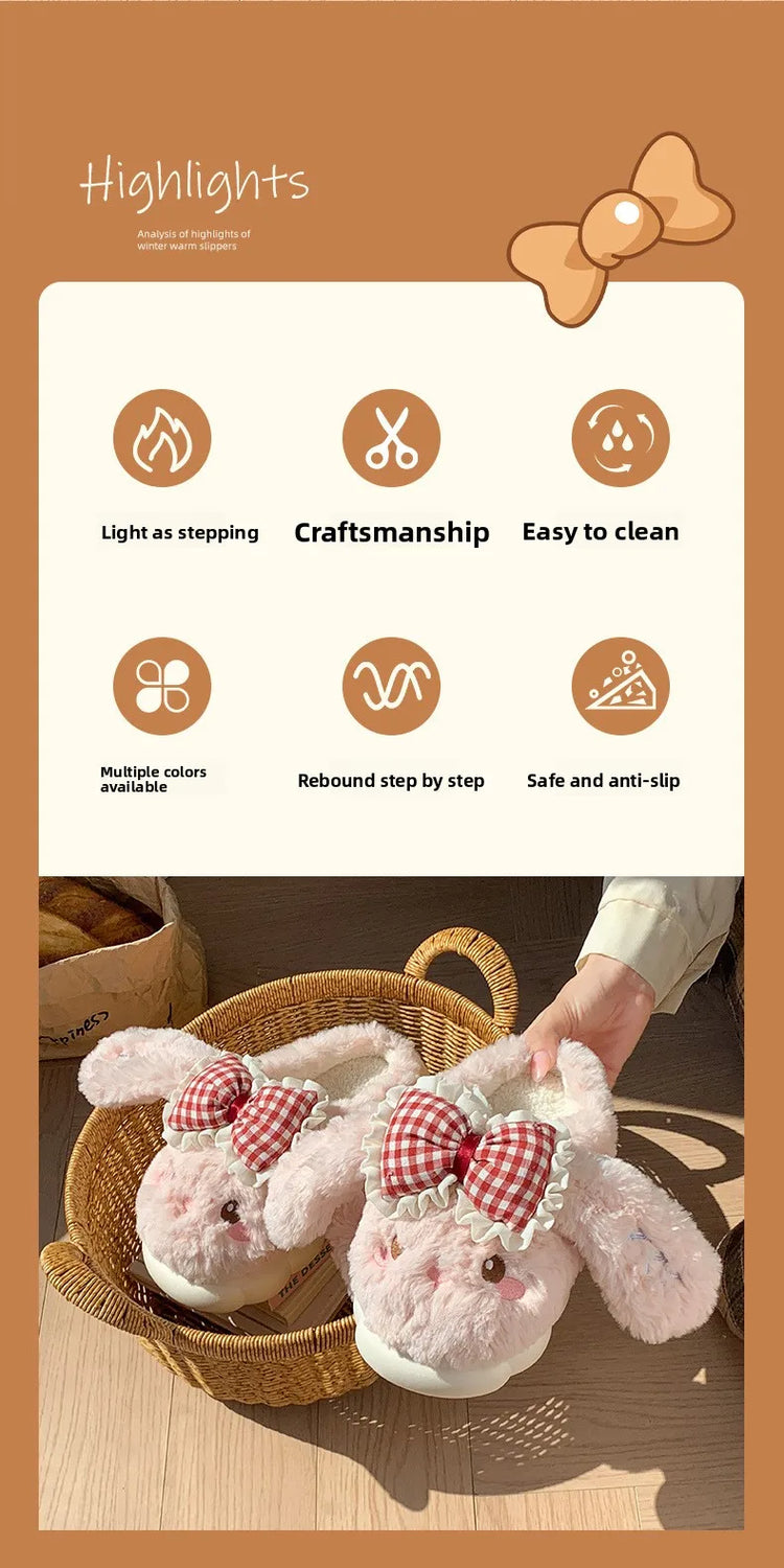 2026 New Women's Cotton Bow Bunny Slippers Winter Indoor Home Warm Household Wool Cotton Shoes Women Wear Indoor Winte